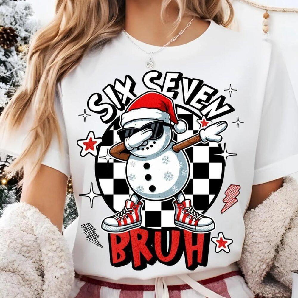 Trending Six Seven Bruh Meme T-Shirt Dabbing Snowman Christmas Tee